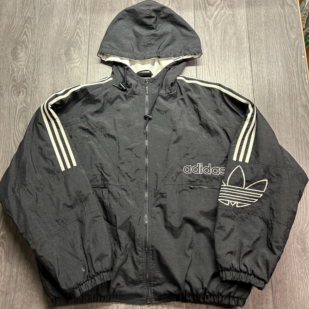 Vintage Adidas Trefoil Windbreaker Jacket Mens XL Black White 90s Hooded Zip Up